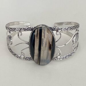 Handmade XL Chunky Smoky Quartz 925 Sterling Silver Cuff Bracelet